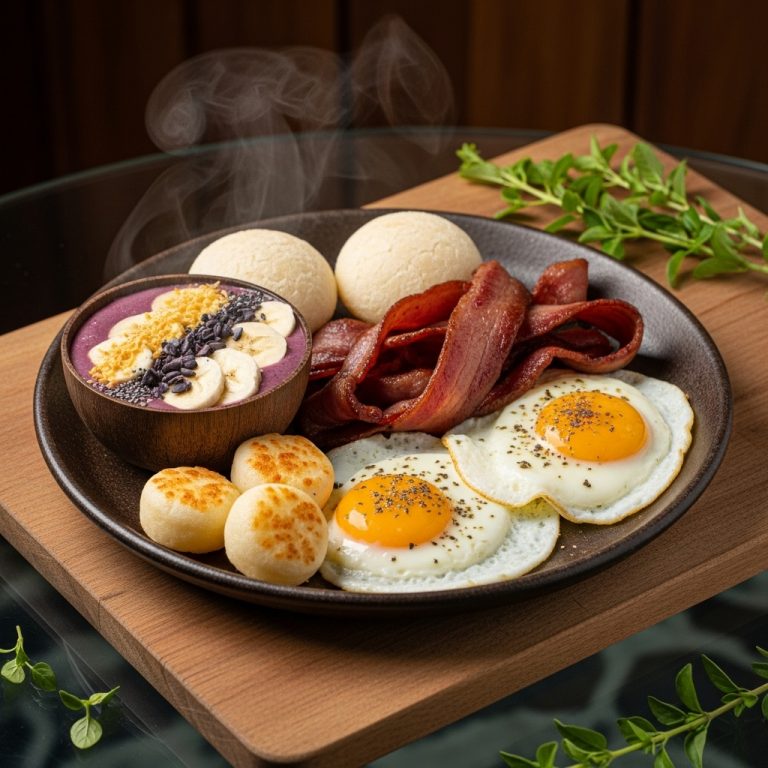 Gluten-Free Brazilian Breakfast Feast: Pão de Queijo, Churrasco Eggs, and Coconut-Banana Smoothie Bowl